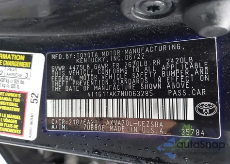 2022 Toyota Camry Se from USA, damaged, VIN 4T1G11AK7NU063285